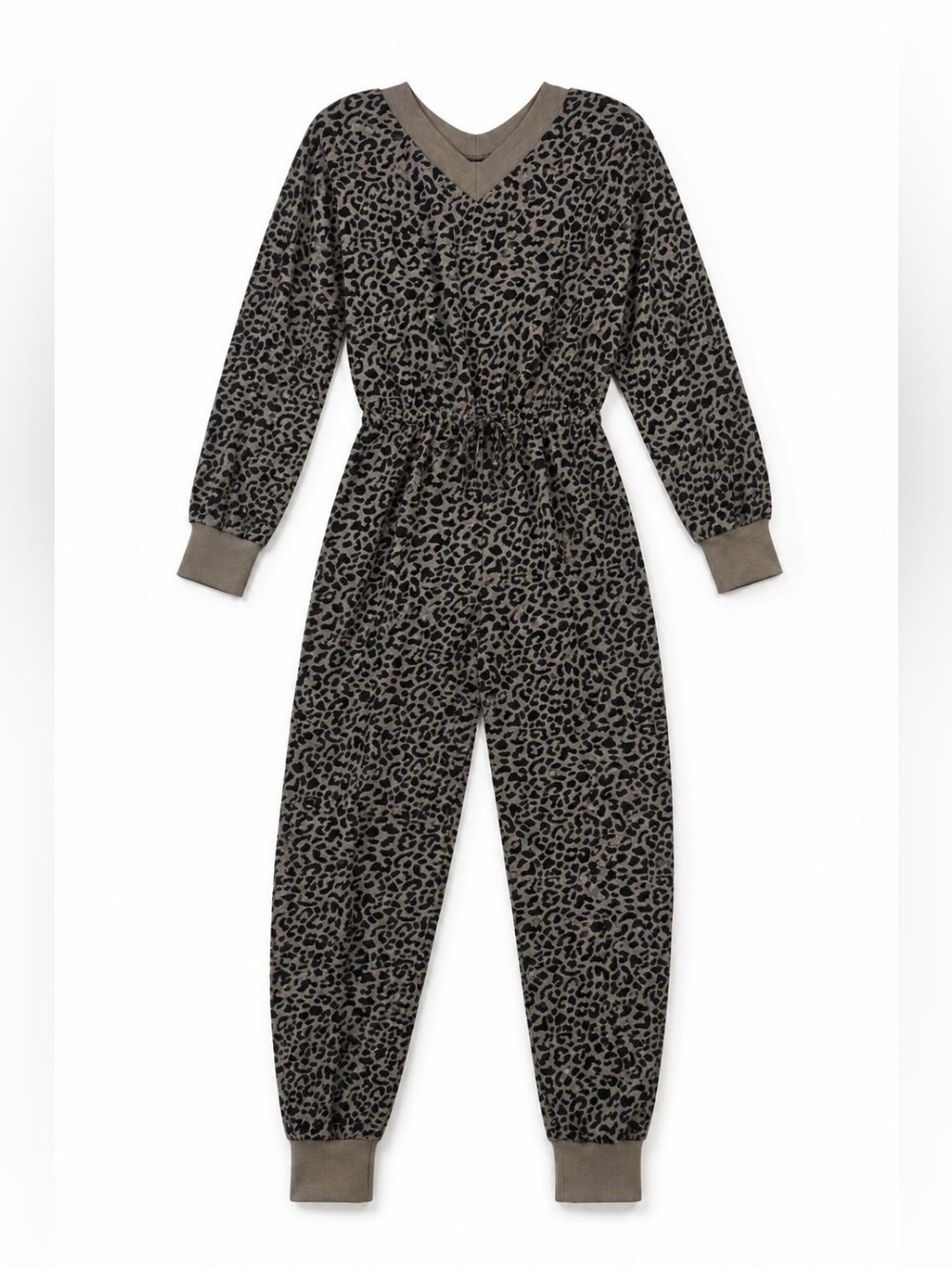 Main Strip Leopard Print Jumpsuit Women M NWT Long Sleeve V Neck Jogger